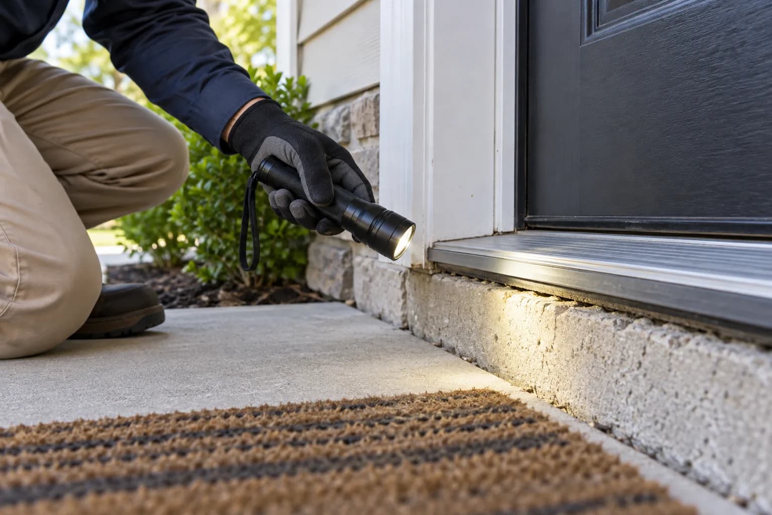 Flashlight inspection of a door threshold and foundation joint