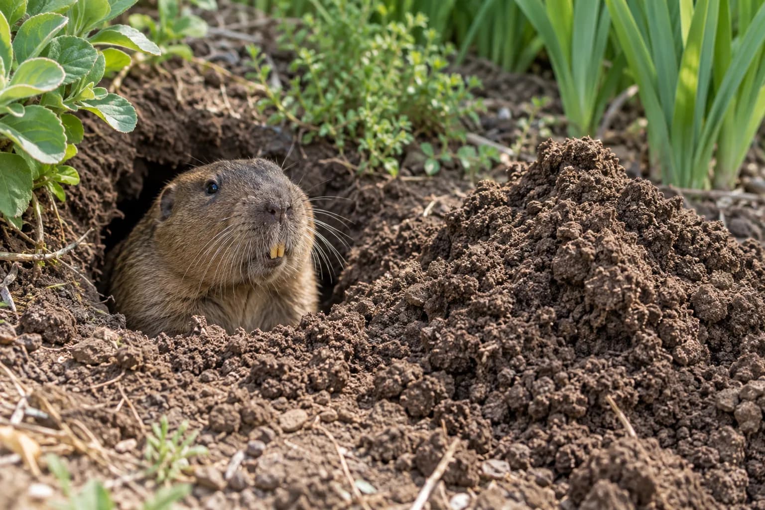 Pocket gopher beside a garden burrow