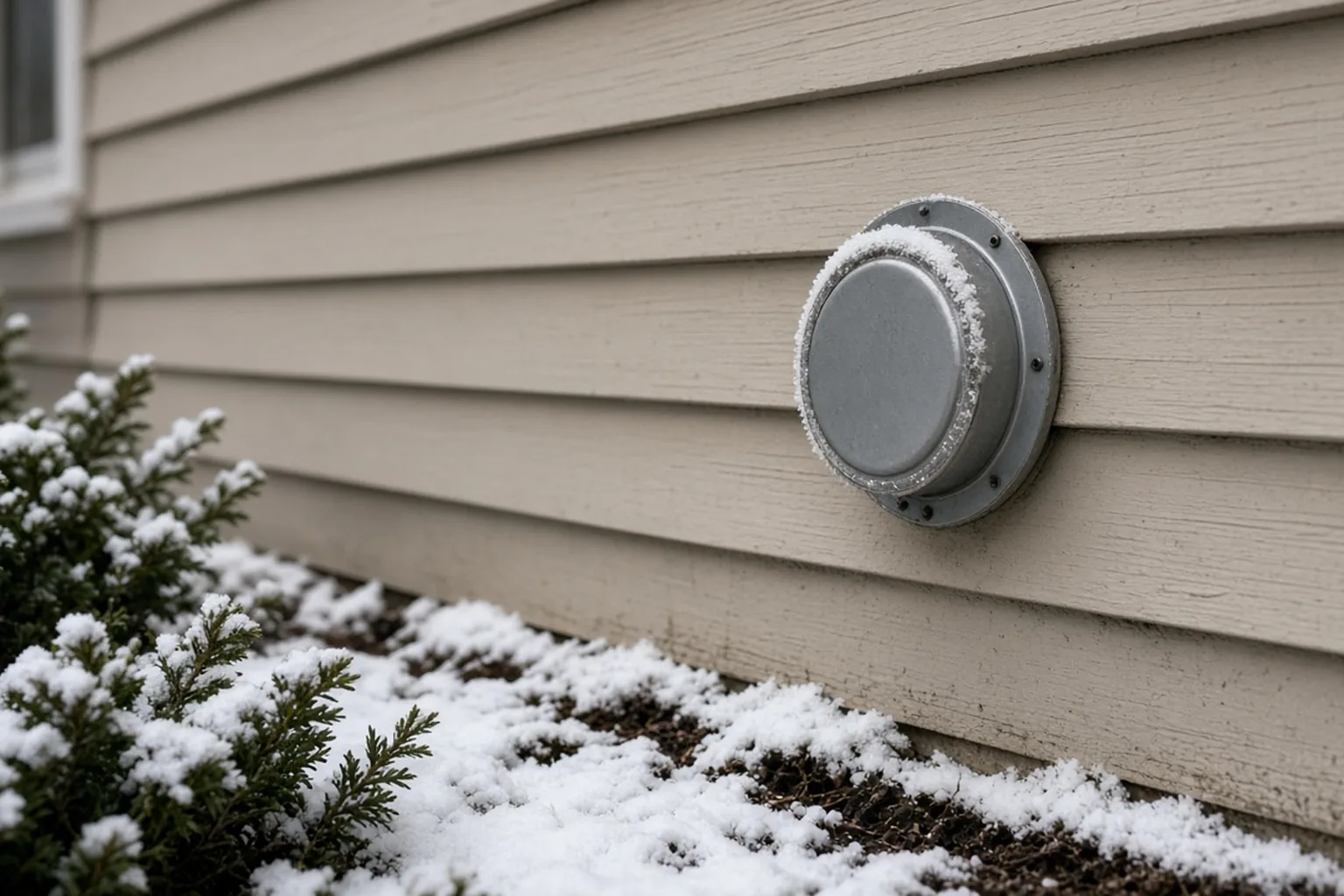 Light snow at a foundation line with a sealed dryer vent