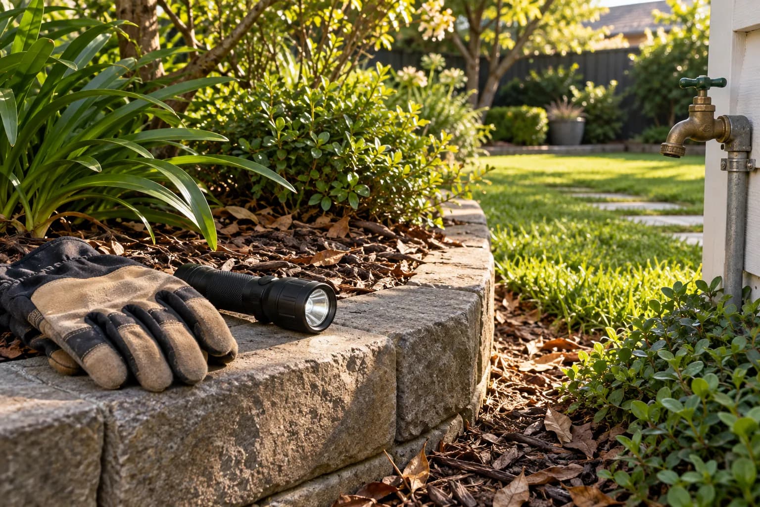 Garden border, leaf litter and outdoor water tap inspection setting